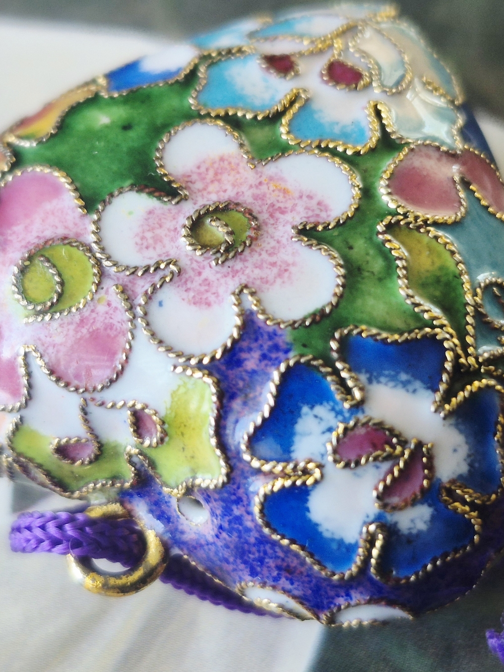 Floral Cloisonné Heart Pendant Necklace - Purple, Blue & Green - Picture 2 of 10